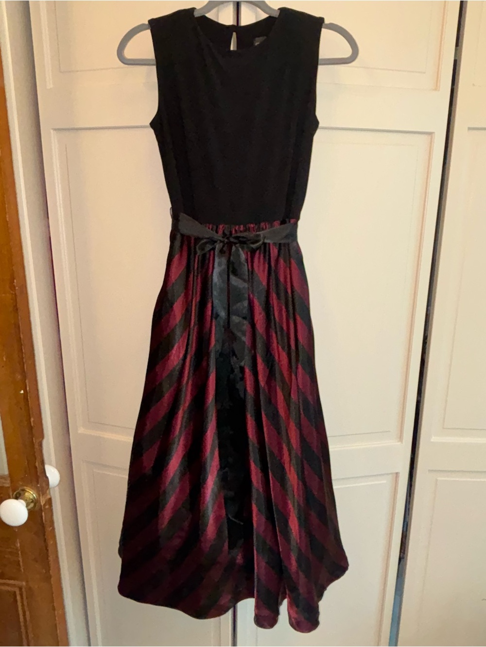 Betsy & Adam burgundy and black striped dress